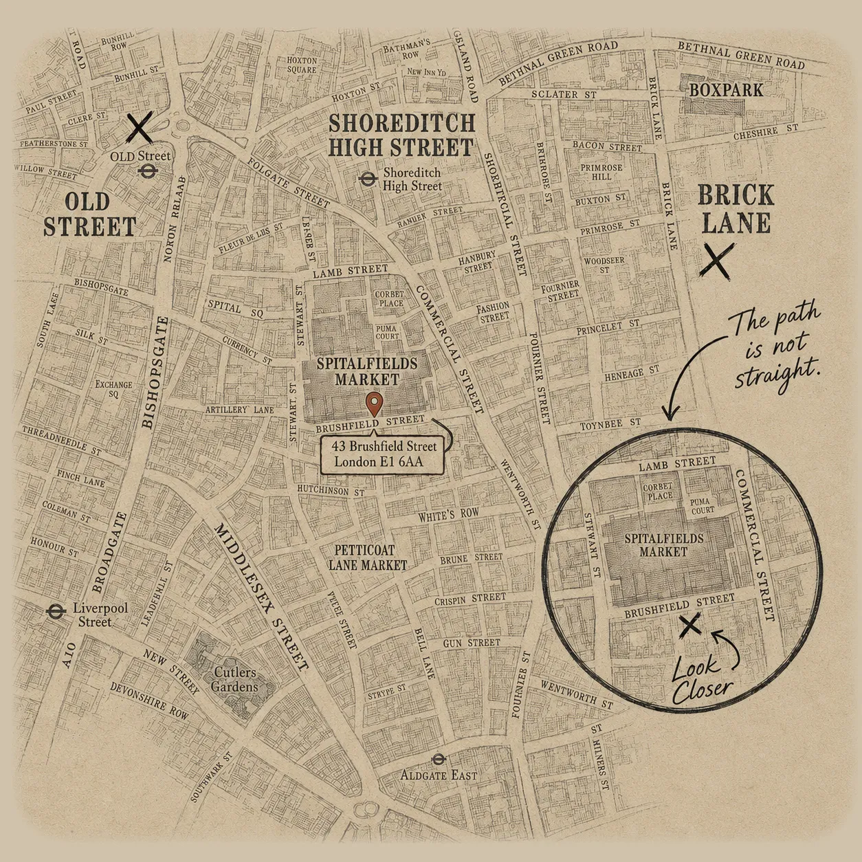 Vintage map of Shoreditch marking the elephant's trail